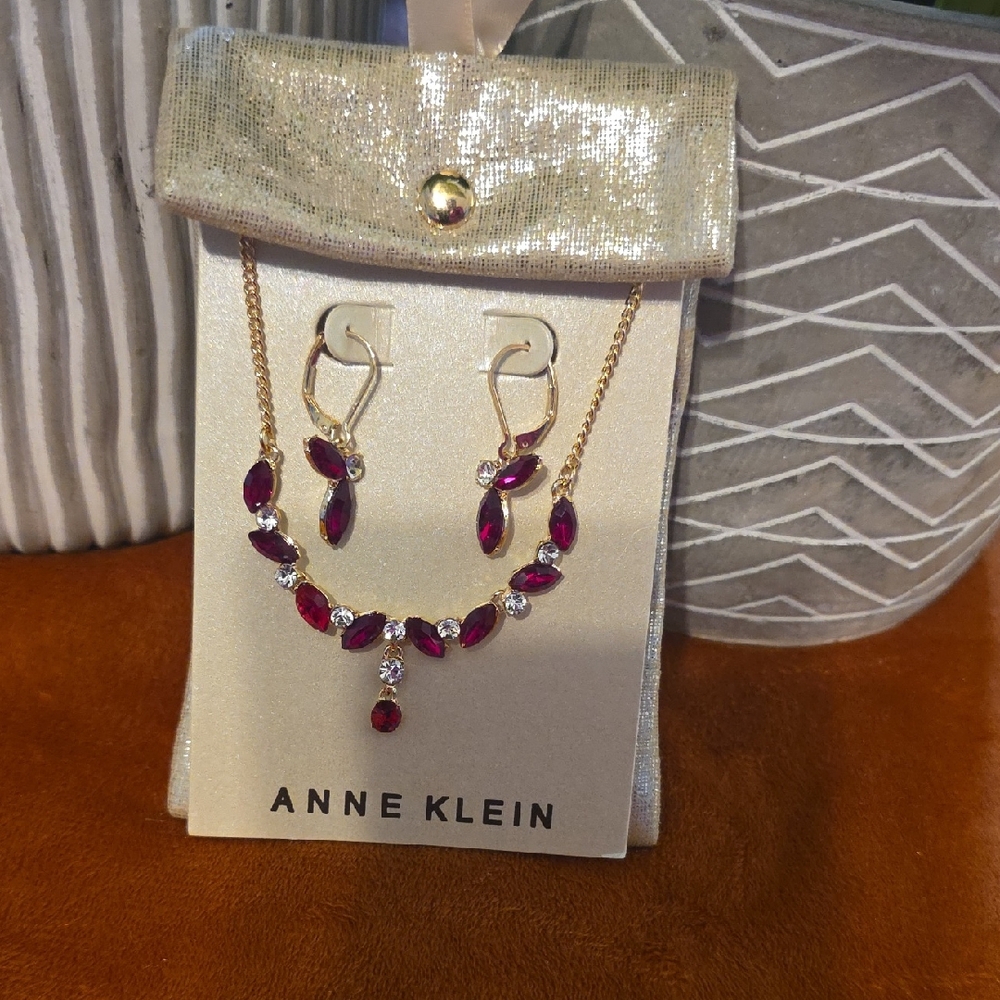 Anne Klein Gold Necklace & Earing Set  with Red Gems And Crystals Accents
